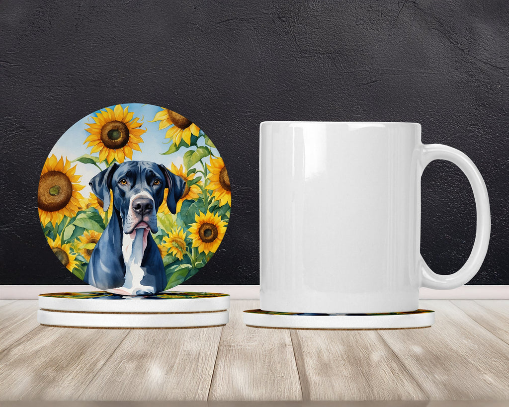 Great Dane in Sunflowers Large Sandstone Coasters Pack of 4 Absorbent Round Coasters Decor Gifts for Men or Women, 4 in, Multicolor