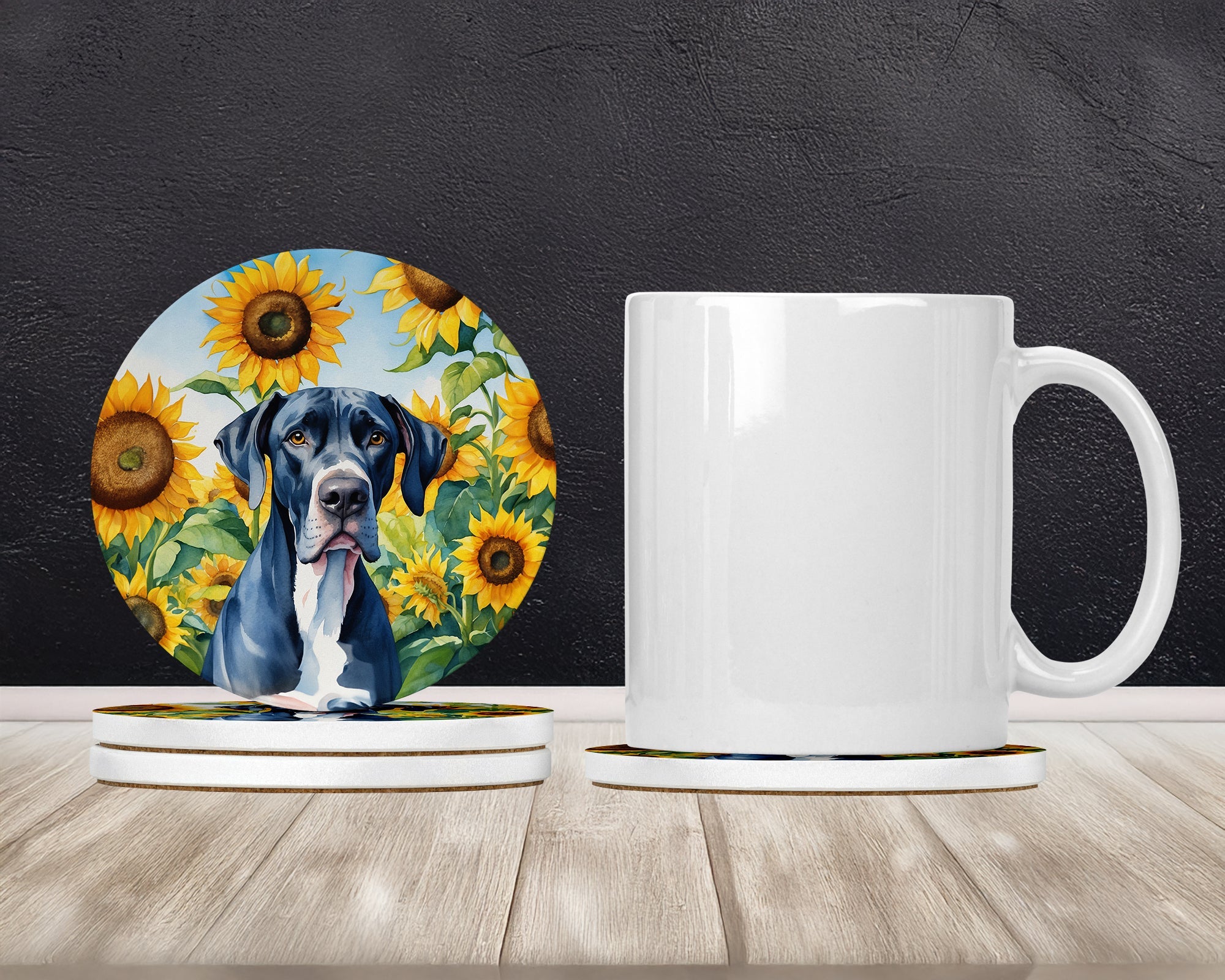Great Dane in Sunflowers Large Sandstone Coasters Pack of 4 Absorbent Round Coasters Decor Gifts for Men or Women, 4 in, Multicolor