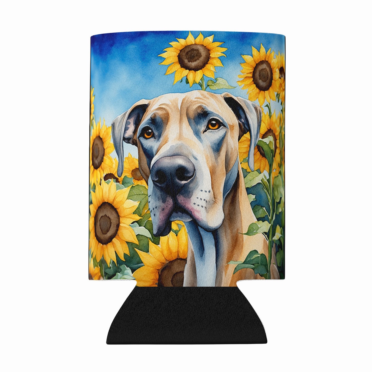 Great Dane in Sunflowers Can or Bottle Hugger Cooler Sleeve for Standard 12 oz Cans, Insulated Foam Beer & Soda Can Hugger Reusable