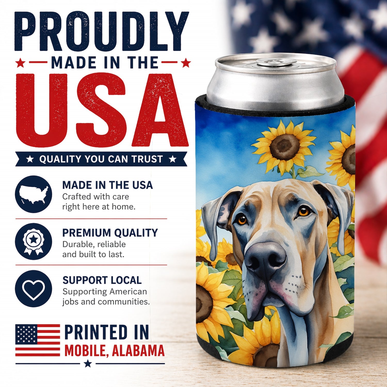 Great Dane in Sunflowers Can or Bottle Hugger Cooler Sleeve for Standard 12 oz Cans, Insulated Foam Beer & Soda Can Hugger Reusable