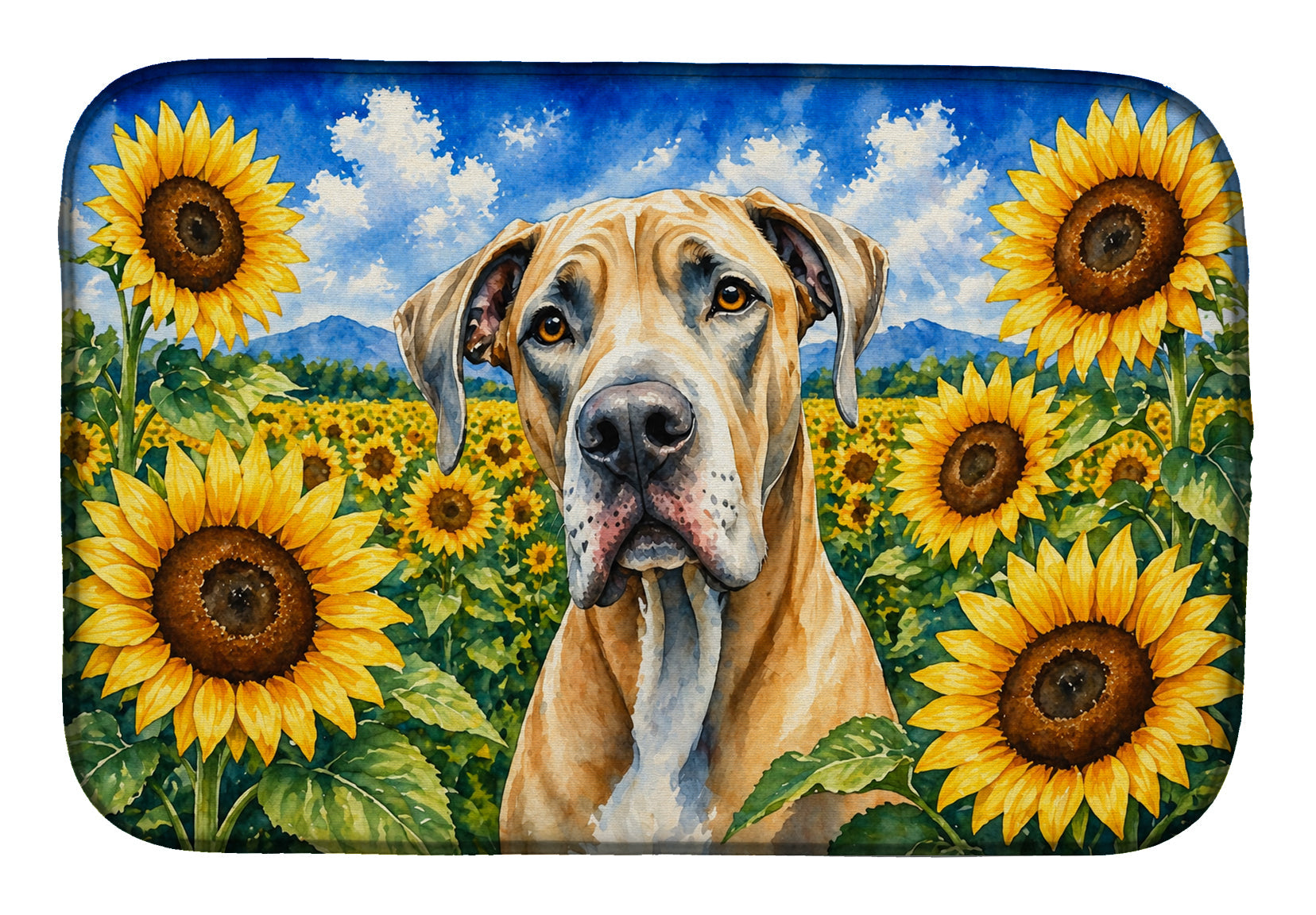 Great Dane in Sunflowers Dish Drying Mat Absorbent Dish Drying Mat Pad for Kitchen Counter Dish Drainer Mat for Countertop, 14 x 21", Multicolor
