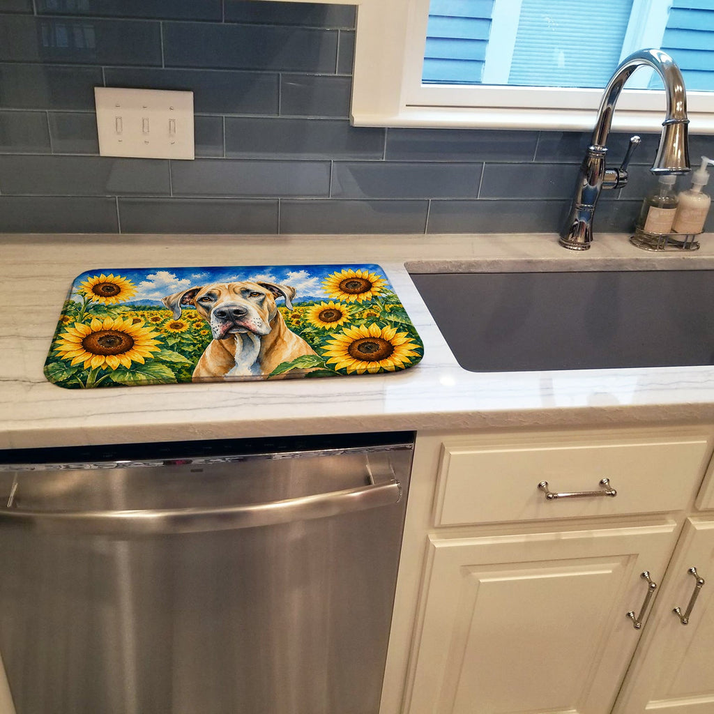 Great Dane in Sunflowers Dish Drying Mat Absorbent Dish Drying Mat Pad for Kitchen Counter Dish Drainer Mat for Countertop, 14 x 21", Multicolor