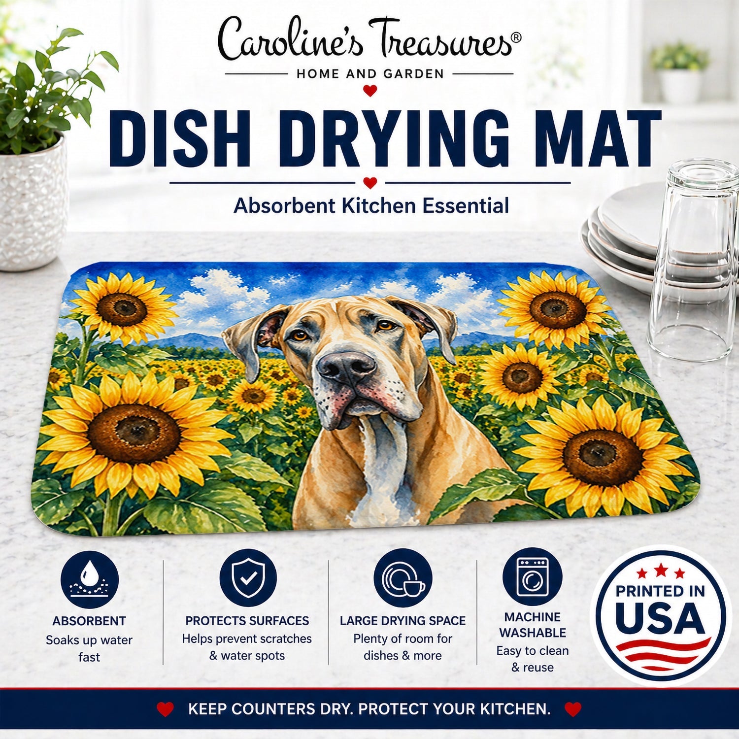 Great Dane in Sunflowers Dish Drying Mat Absorbent Dish Drying Mat Pad for Kitchen Counter Dish Drainer Mat for Countertop, 14 x 21", Multicolor