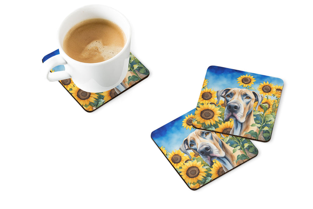Great Dane in Sunflowers Foam Coasters Set of 4 Cup Coasters for Indoor Outdoor, Tabletop Protection, Anti Slip, Mouse pad Material