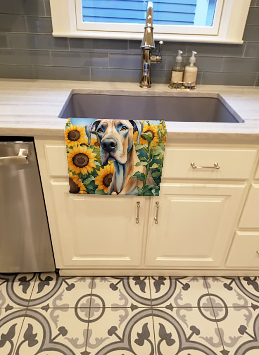 Great Dane in Sunflowers Kitchen Towel Velour Plush Front and Cotton Loop Back Machine Washable