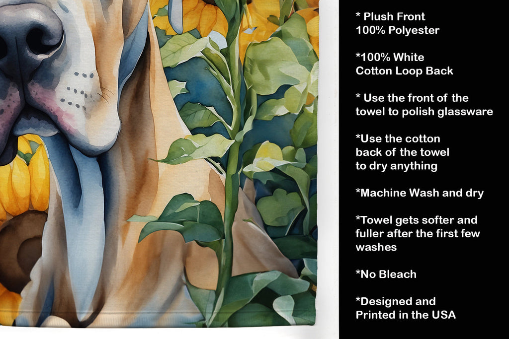 Great Dane in Sunflowers Kitchen Towel Velour Plush Front and Cotton Loop Back Machine Washable