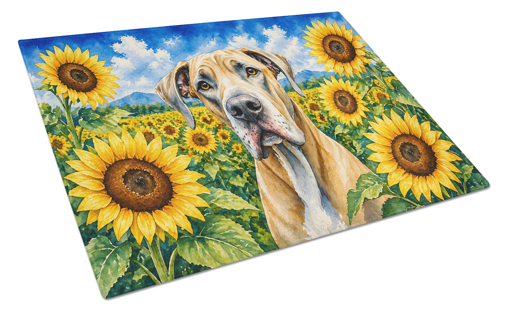 Great Dane in Sunflowers Cutting Board Tempered Glass Kitchen Cutting Surface, Heat Resistant Chopping Board with Non-Slip Feet, Decorative Food Prep & Serving
