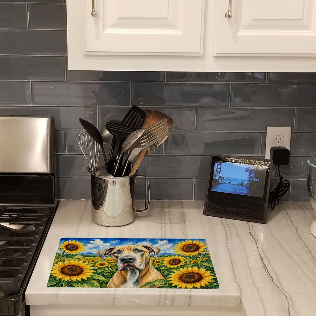 Great Dane in Sunflowers Cutting Board Tempered Glass Kitchen Cutting Surface, Heat Resistant Chopping Board with Non-Slip Feet, Decorative Food Prep & Serving