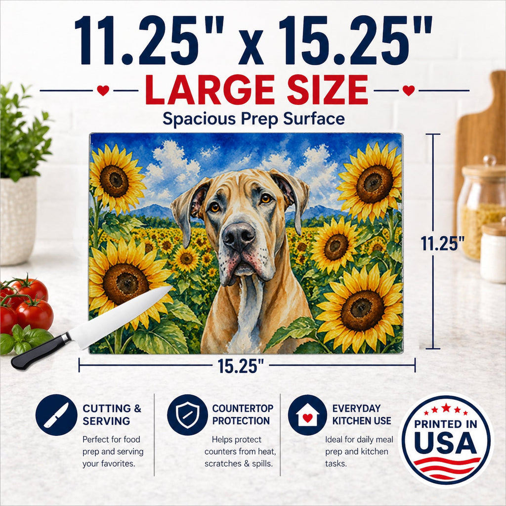 Great Dane in Sunflowers Cutting Board Tempered Glass Kitchen Cutting Surface, Heat Resistant Chopping Board with Non-Slip Feet, Decorative Food Prep & Serving