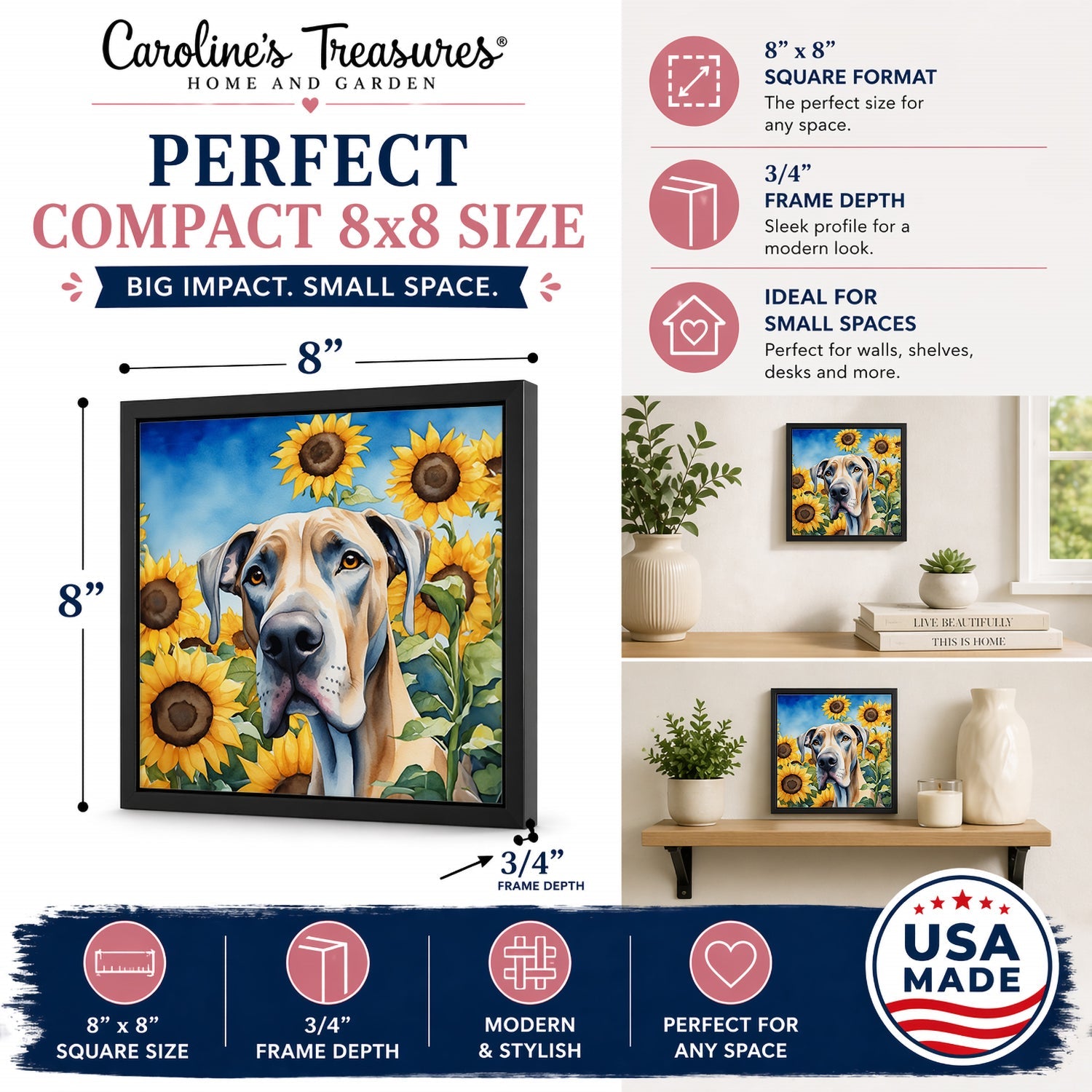 Great Dane in Sunflowers Framed Metal Print Bathroom, Kitchen, Office, Home Decor Wall Art Ready to Hang, Square, 8X8