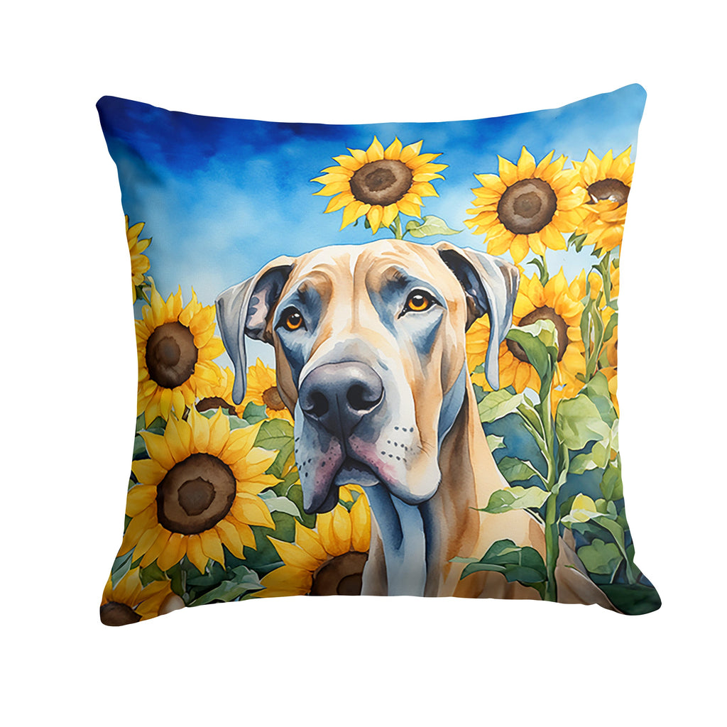 Great Dane in Sunflowers Decorative Throw Pillow 14x14 Indoor Outdoor Accent Cushion, Fabric Cover with Insert for Sofa, Bed, Porch & Living Room