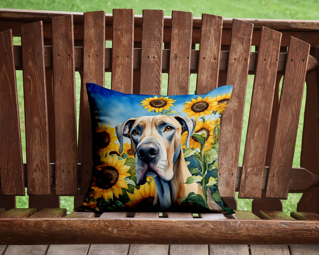 Great Dane in Sunflowers Decorative Throw Pillow 14x14 Indoor Outdoor Accent Cushion, Fabric Cover with Insert for Sofa, Bed, Porch & Living Room