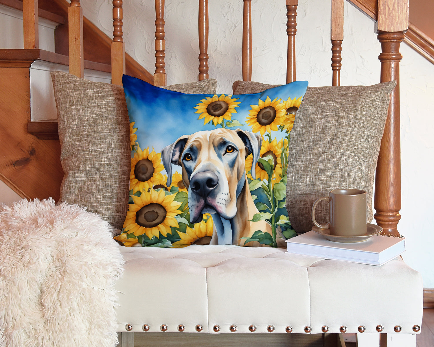 Great Dane in Sunflowers Decorative Throw Pillow 14x14 Indoor Outdoor Accent Cushion, Fabric Cover with Insert for Sofa, Bed, Porch & Living Room