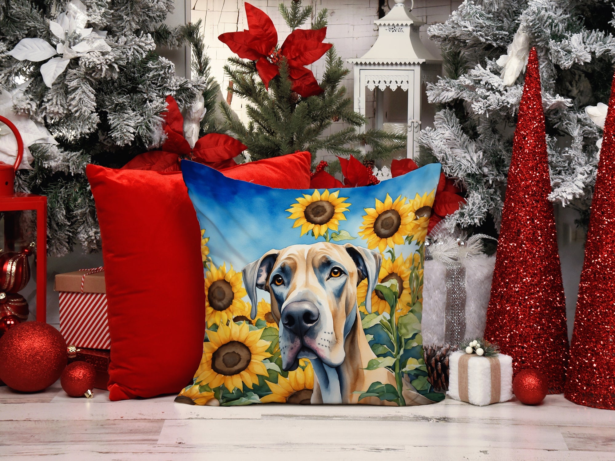 Great Dane in Sunflowers Decorative Throw Pillow 14x14 Indoor Outdoor Accent Cushion, Fabric Cover with Insert for Sofa, Bed, Porch & Living Room