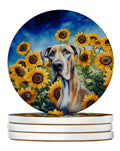 Great Dane in Sunflowers Large Sandstone Coasters Pack of 4 Absorbent Round Coasters Decor Gifts for Men or Women, 4 in, Multicolor
