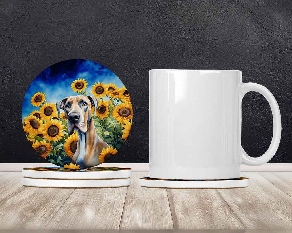 Great Dane in Sunflowers Large Sandstone Coasters Pack of 4 Absorbent Round Coasters Decor Gifts for Men or Women, 4 in, Multicolor