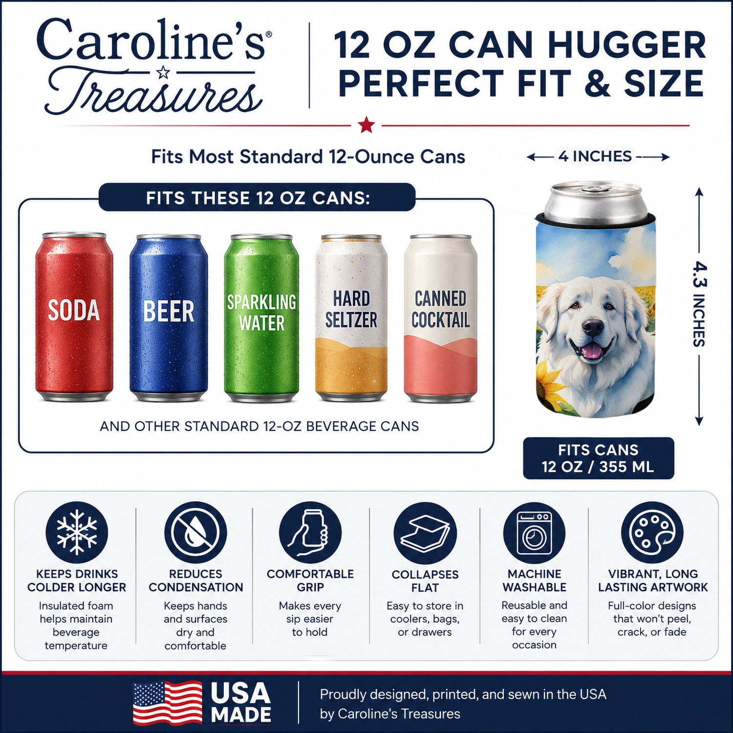 Great Pyrenees in Sunflowers Can or Bottle Hugger Cooler Sleeve for Standard 12 oz Cans, Insulated Foam Beer & Soda Can Hugger Reusable