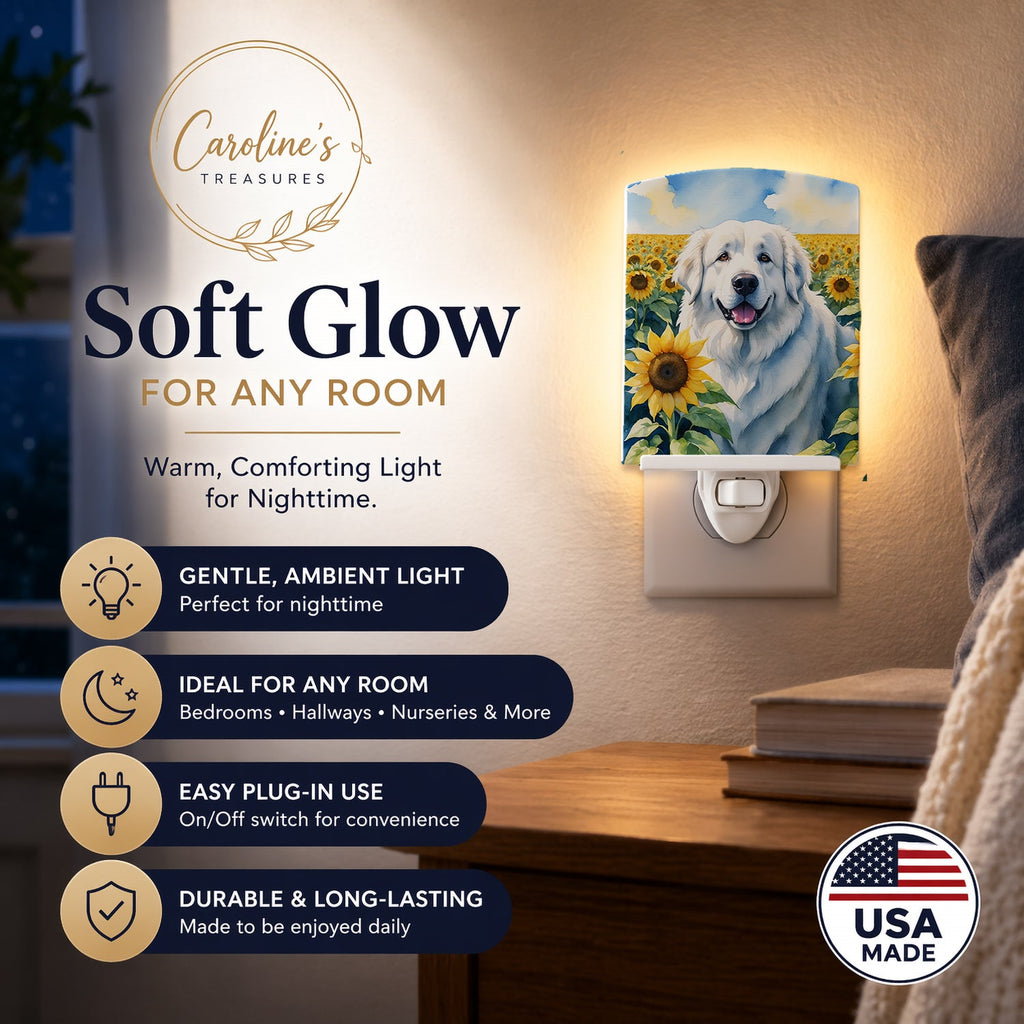 Great Pyrenees in Sunflowers Ceramic Night Light Compact, UL-Certified, Ideal for Bedroom, Bathroom, Nursery, Hallway, Kitchen, 6x4x3, Multicolor
