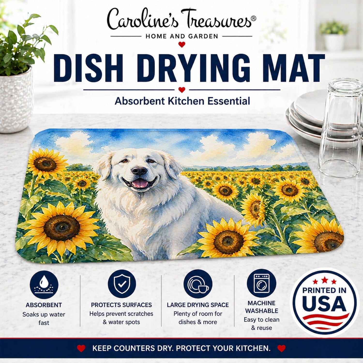Great Pyrenees in Sunflowers Dish Drying Mat Absorbent Dish Drying Mat Pad for Kitchen Counter Dish Drainer Mat for Countertop, 14 x 21", Multicolor