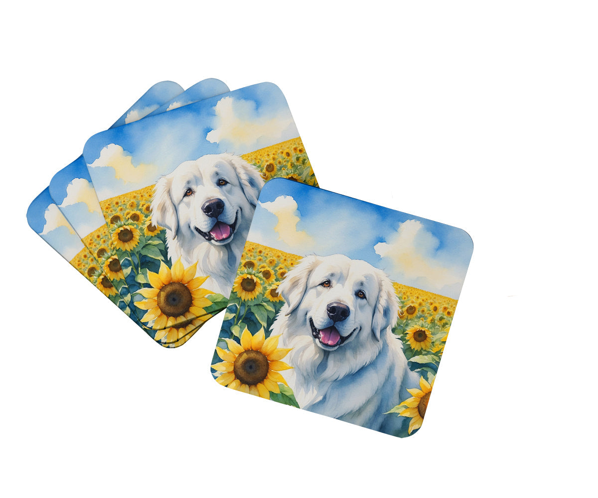 Great Pyrenees in Sunflowers Foam Coasters Set of 4 Cup Coasters for Indoor Outdoor, Tabletop Protection, Anti Slip, Mouse pad Material