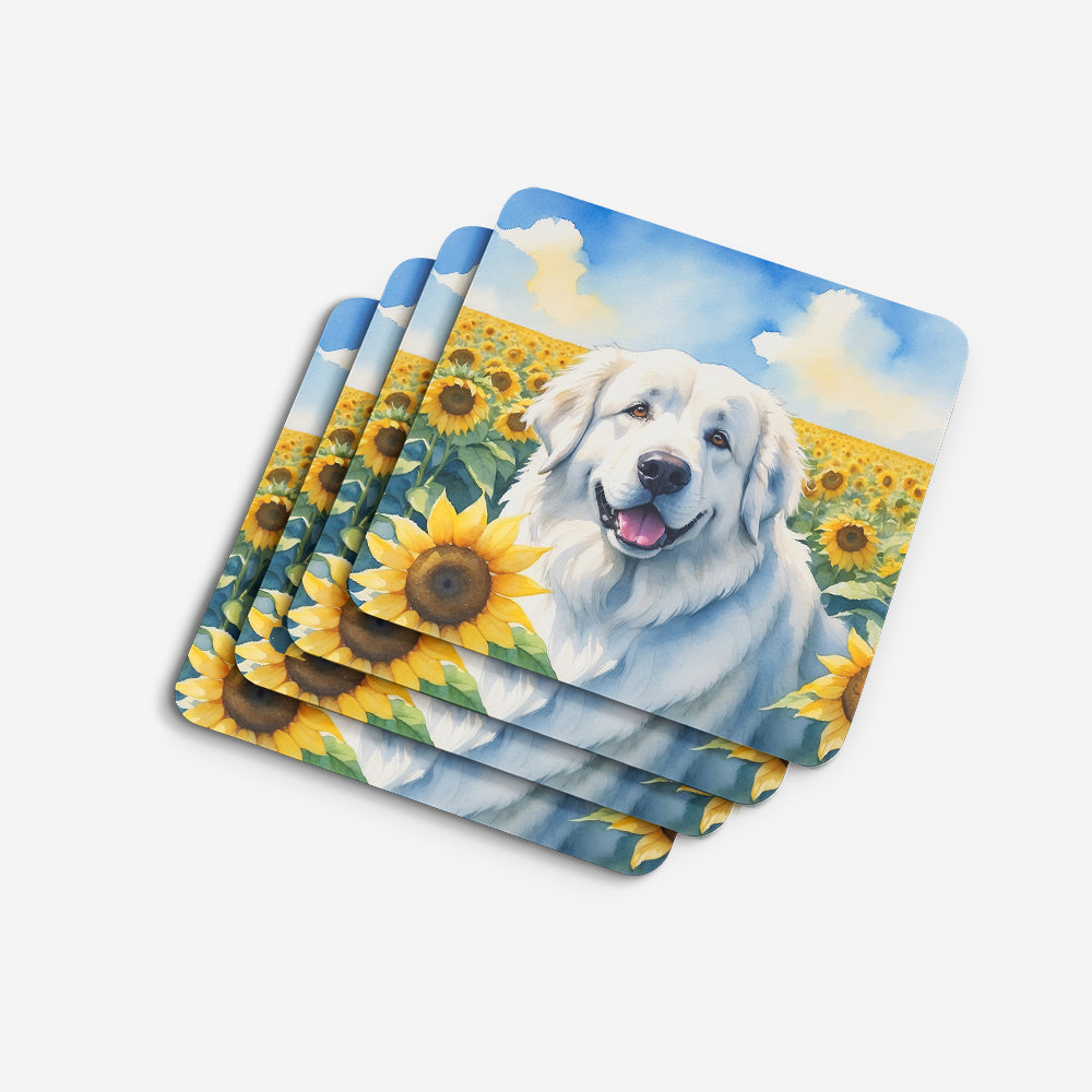 Great Pyrenees in Sunflowers Foam Coasters Set of 4 Cup Coasters for Indoor Outdoor, Tabletop Protection, Anti Slip, Mouse pad Material