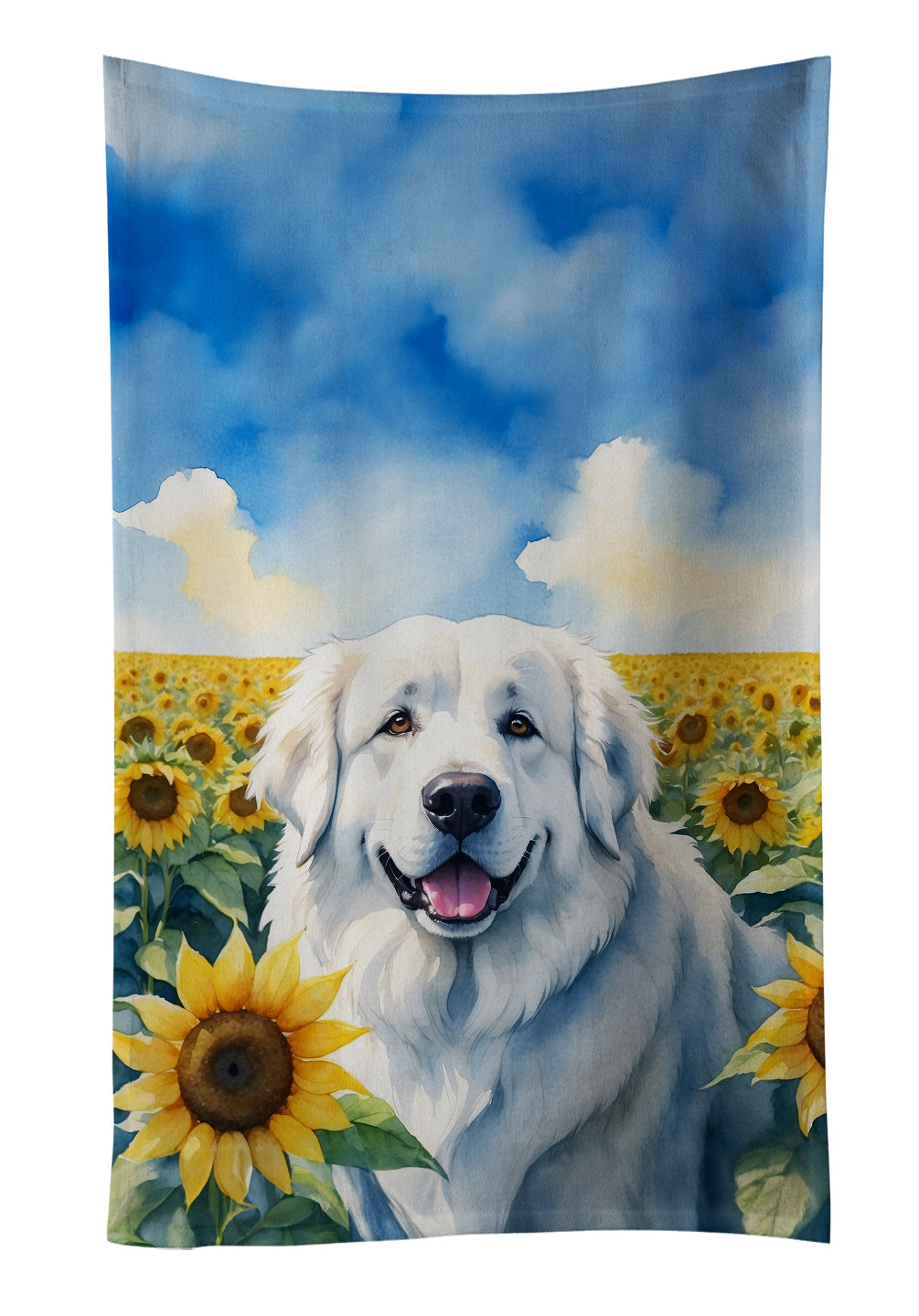 Great Pyrenees in Sunflowers Kitchen Towel Velour Plush Front and Cotton Loop Back Machine Washable