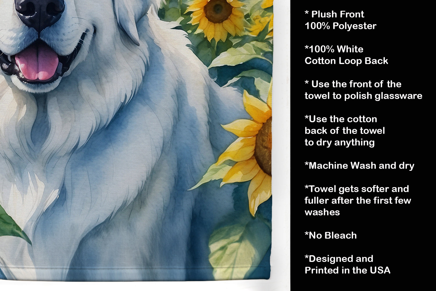Great Pyrenees in Sunflowers Kitchen Towel Velour Plush Front and Cotton Loop Back Machine Washable