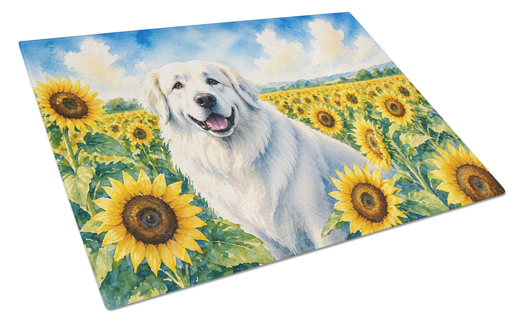 Great Pyrenees in Sunflowers Cutting Board Tempered Glass Kitchen Cutting Surface, Heat Resistant Chopping Board with Non-Slip Feet, Decorative Food Prep & Serving