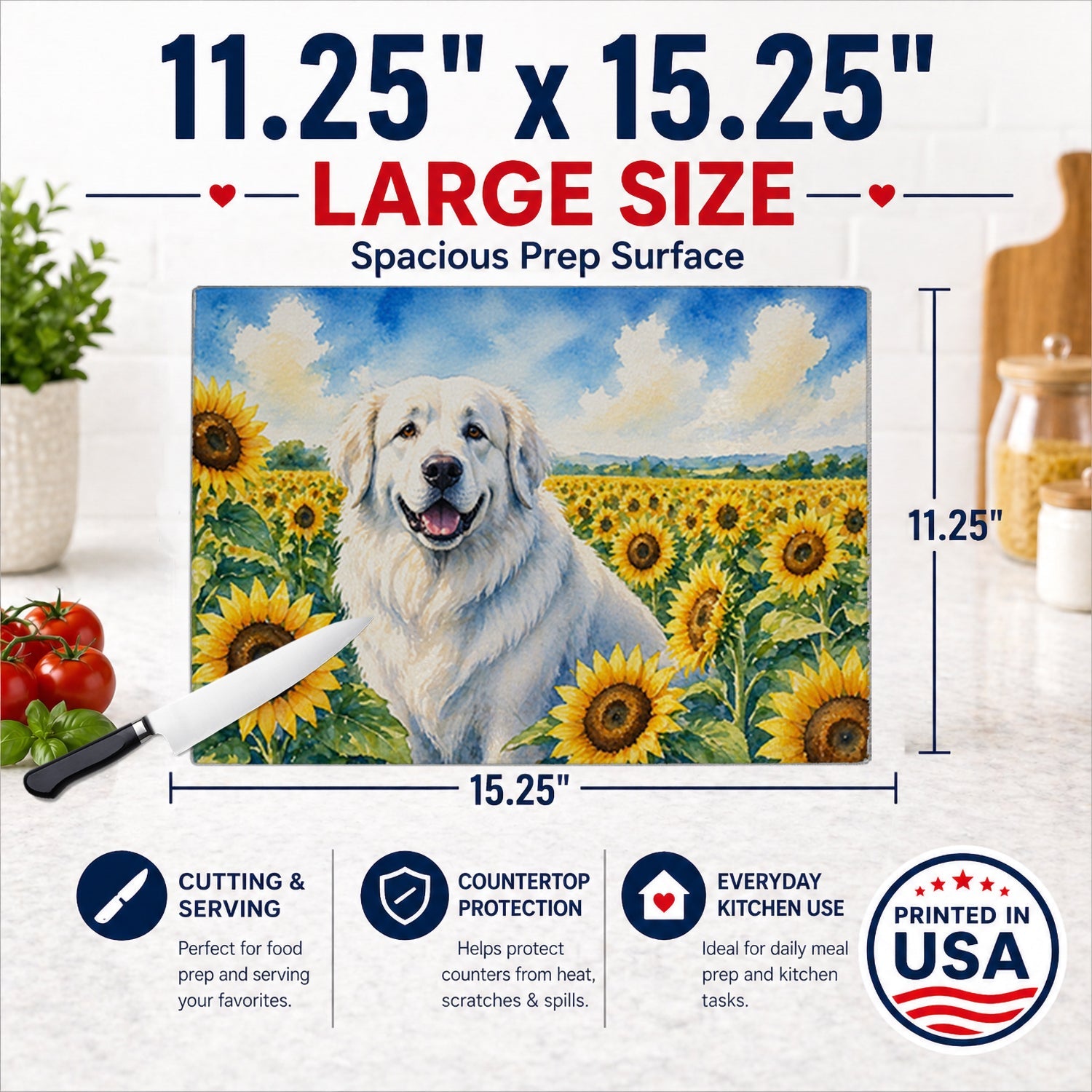 Great Pyrenees in Sunflowers Cutting Board Tempered Glass Kitchen Cutting Surface, Heat Resistant Chopping Board with Non-Slip Feet, Decorative Food Prep & Serving