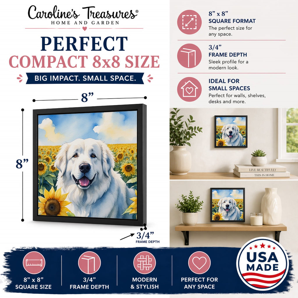 Great Pyrenees in Sunflowers Framed Metal Print Bathroom, Kitchen, Office, Home Decor Wall Art Ready to Hang, Square, 8X8