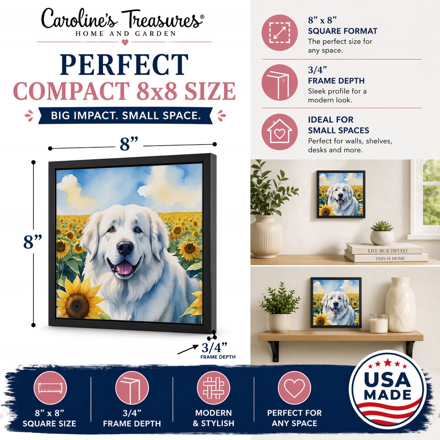 Great Pyrenees in Sunflowers Framed Metal Print Bathroom, Kitchen, Office, Home Decor Wall Art Ready to Hang, Square, 8X8