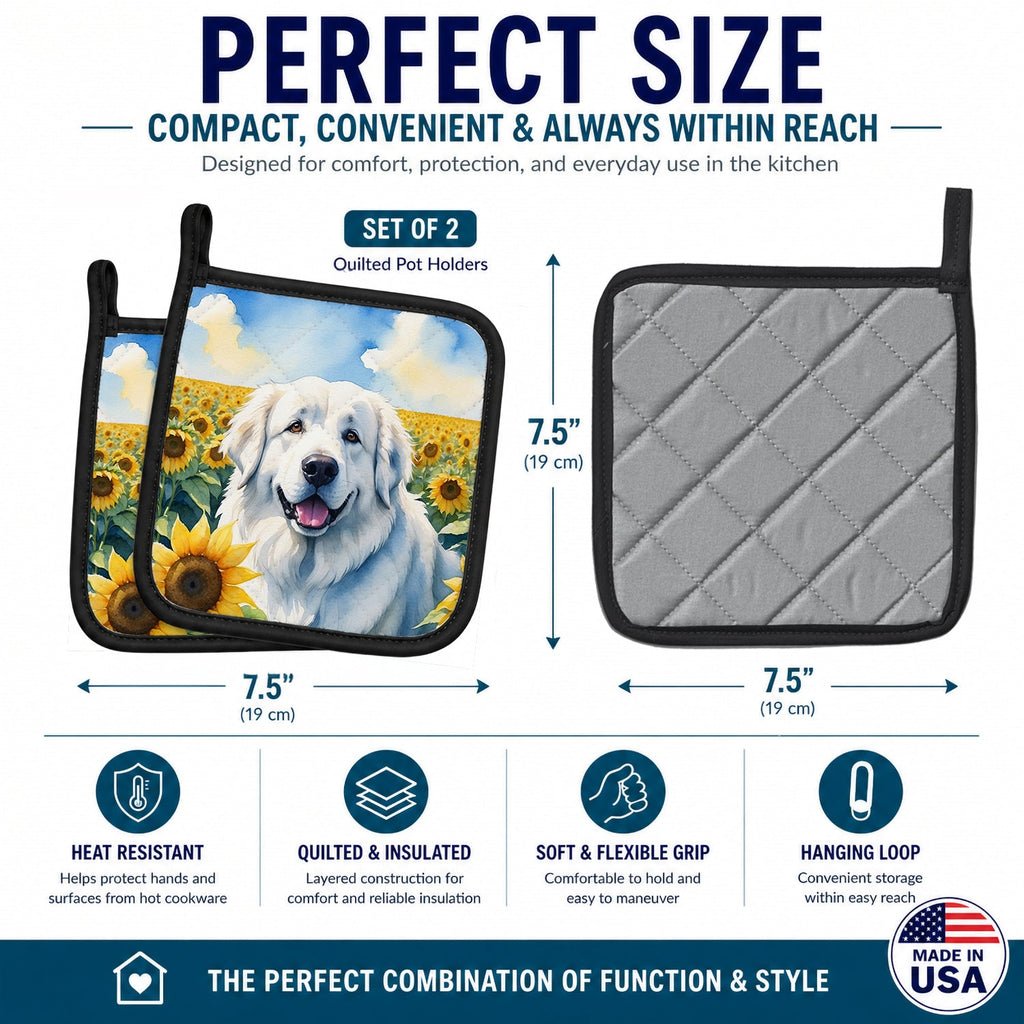 Great Pyrenees in Sunflowers Pot Holder Set of 2 Heat Resistant Quilted Hot Pads 7.5 x 7.5 Inch, Insulated Kitchen Trivets for Cooking & Baking