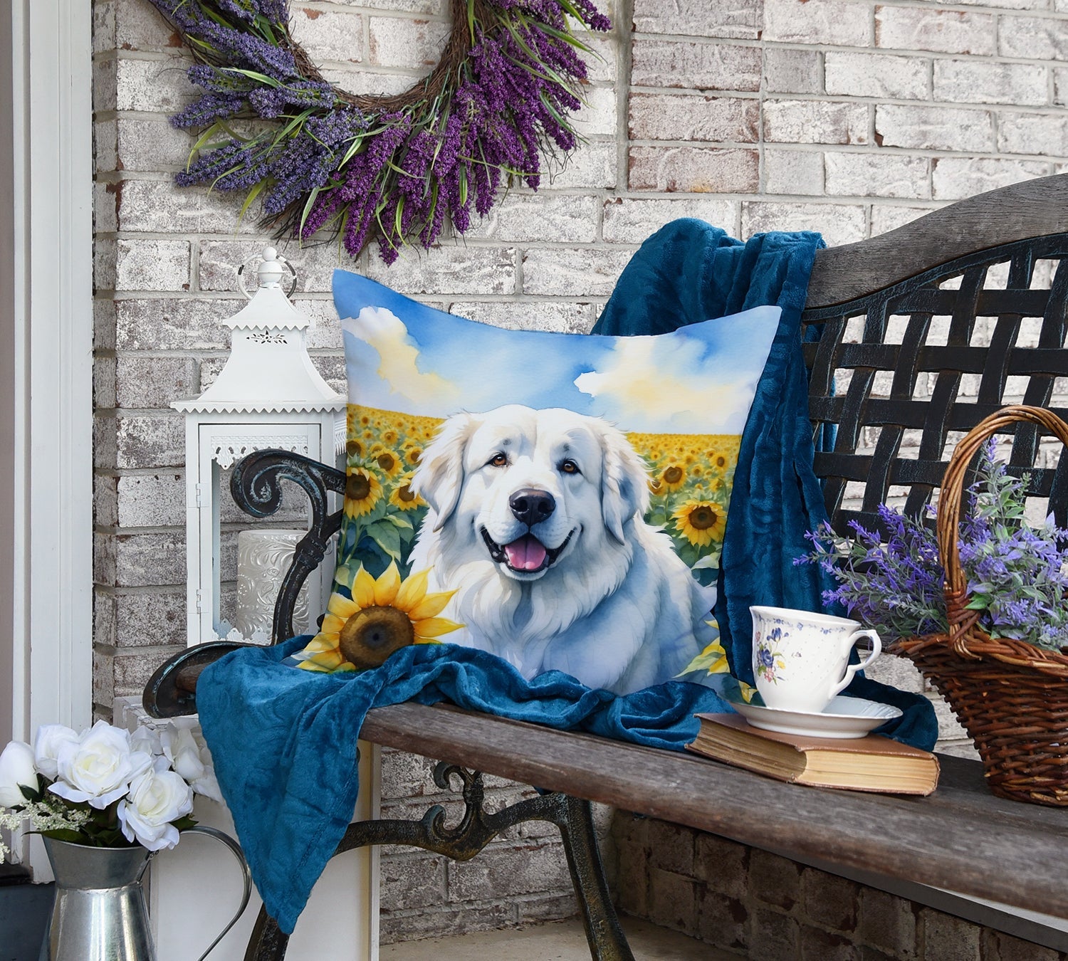 Great Pyrenees in Sunflowers Decorative Throw Pillow 18x18 Indoor Outdoor Accent Cushion, Fabric Cover with Insert for Sofa, Bed, Porch & Living Room