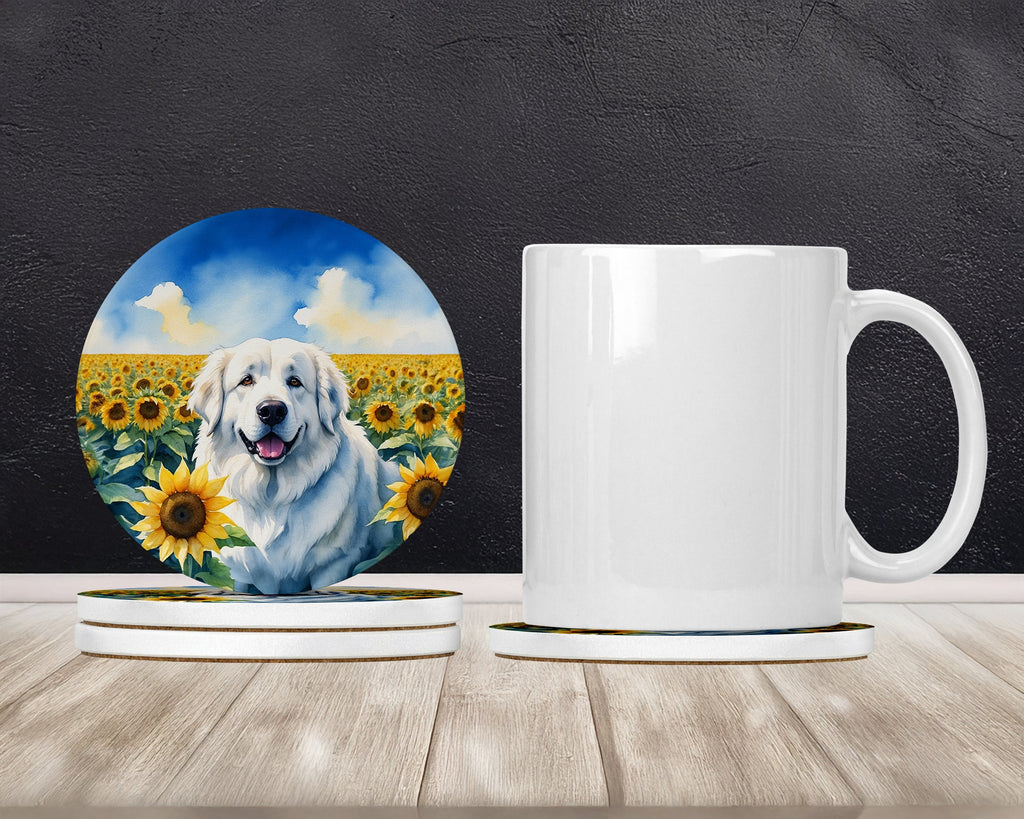 Great Pyrenees in Sunflowers Large Sandstone Coasters Pack of 4 Absorbent Round Coasters Decor Gifts for Men or Women, 4 in, Multicolor
