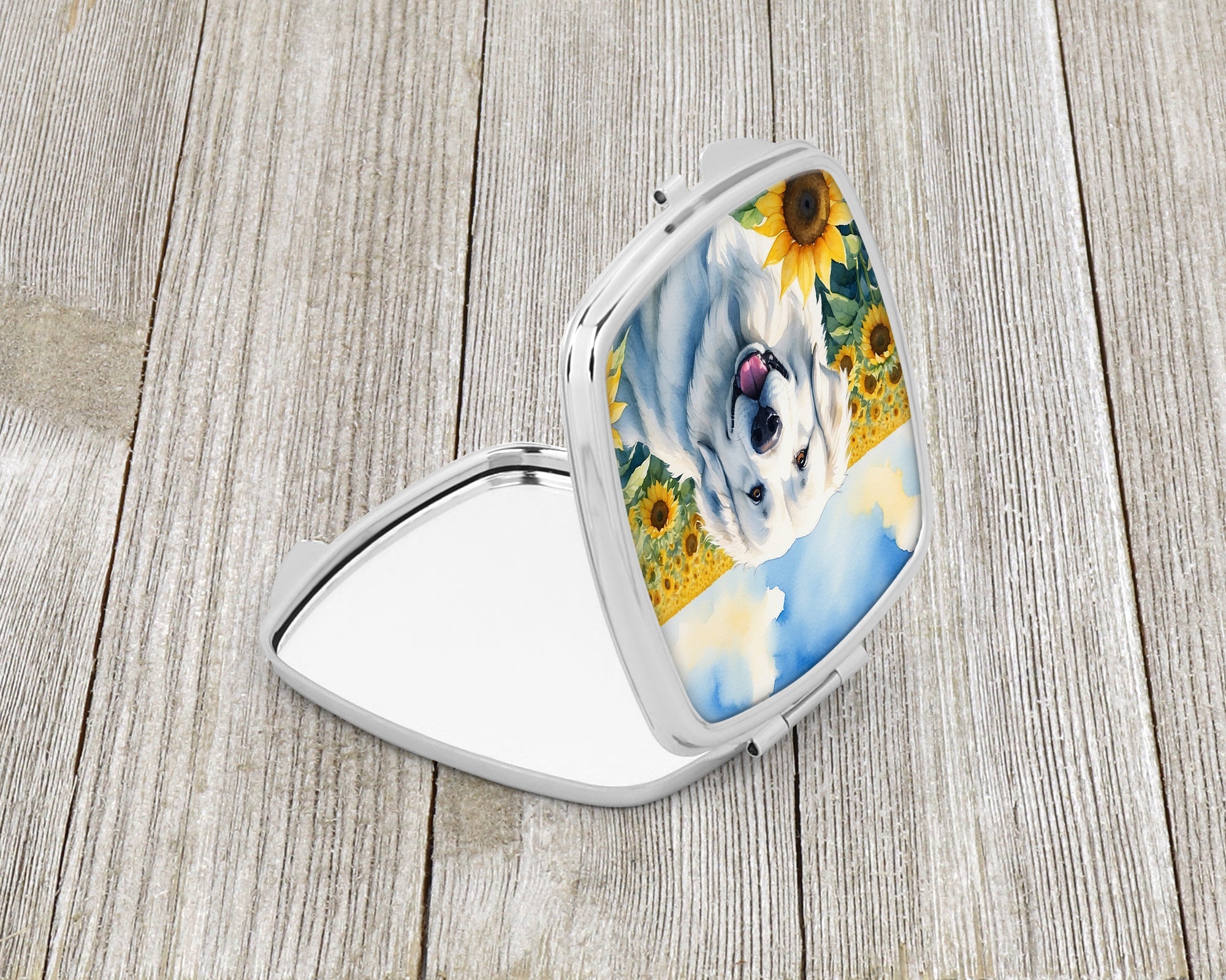 Great Pyrenees in Sunflowers Compact Mirror Decorative Travel Makeup Mirror for Women Girls Gifts Pocket Makeup Mirror Folding Handheld