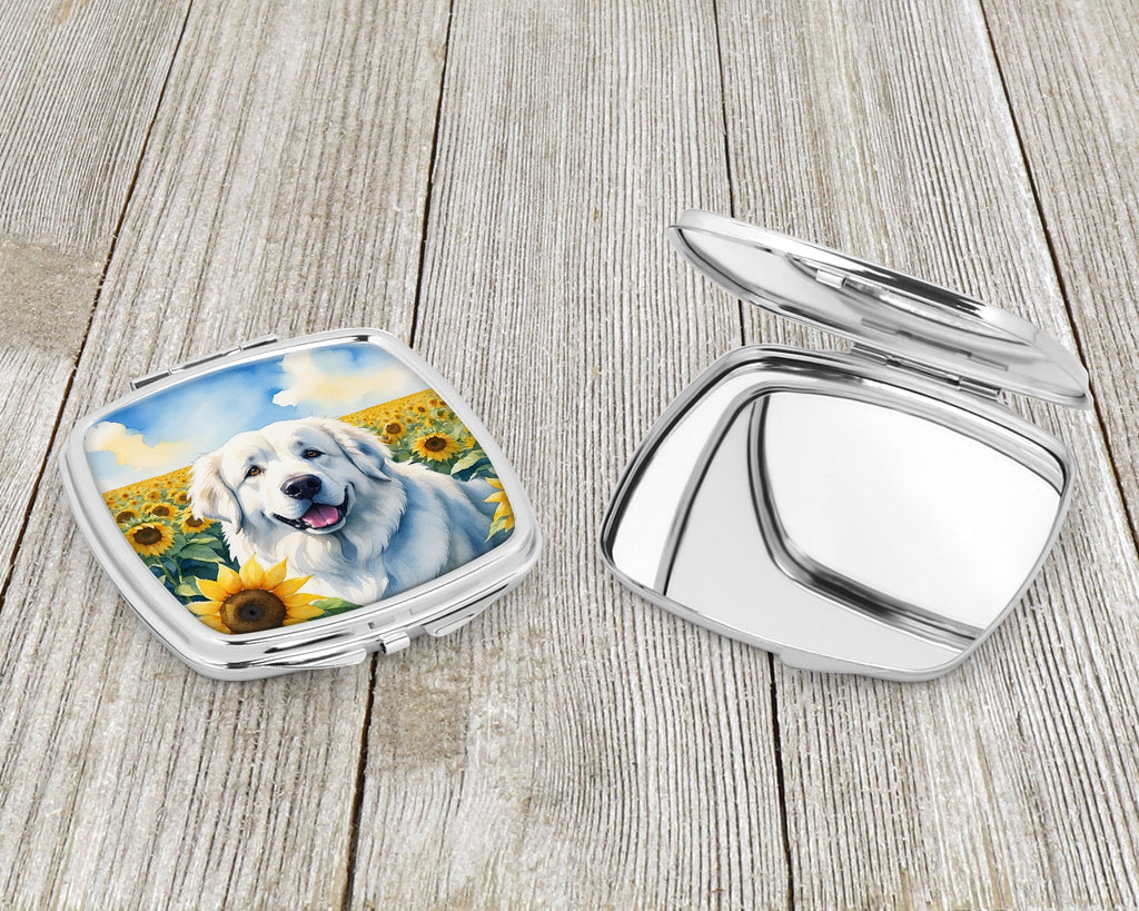 Great Pyrenees in Sunflowers Compact Mirror Decorative Travel Makeup Mirror for Women Girls Gifts Pocket Makeup Mirror Folding Handheld