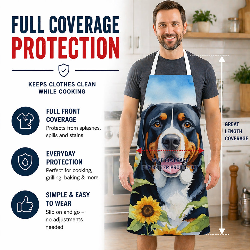 Greater Swiss Mountain Dog in Sunflowers Apron Cooking Kitchen Server Baking Crafts Gardening for Adult Women Men, Unisex, Large, Multicolor