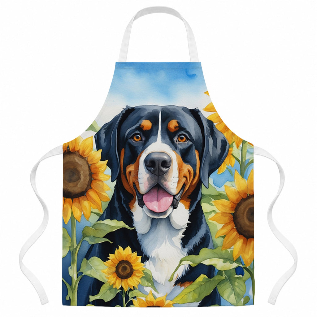 Greater Swiss Mountain Dog in Sunflowers Apron Cooking Kitchen Server Baking Crafts Gardening for Adult Women Men, Unisex, Large, Multicolor
