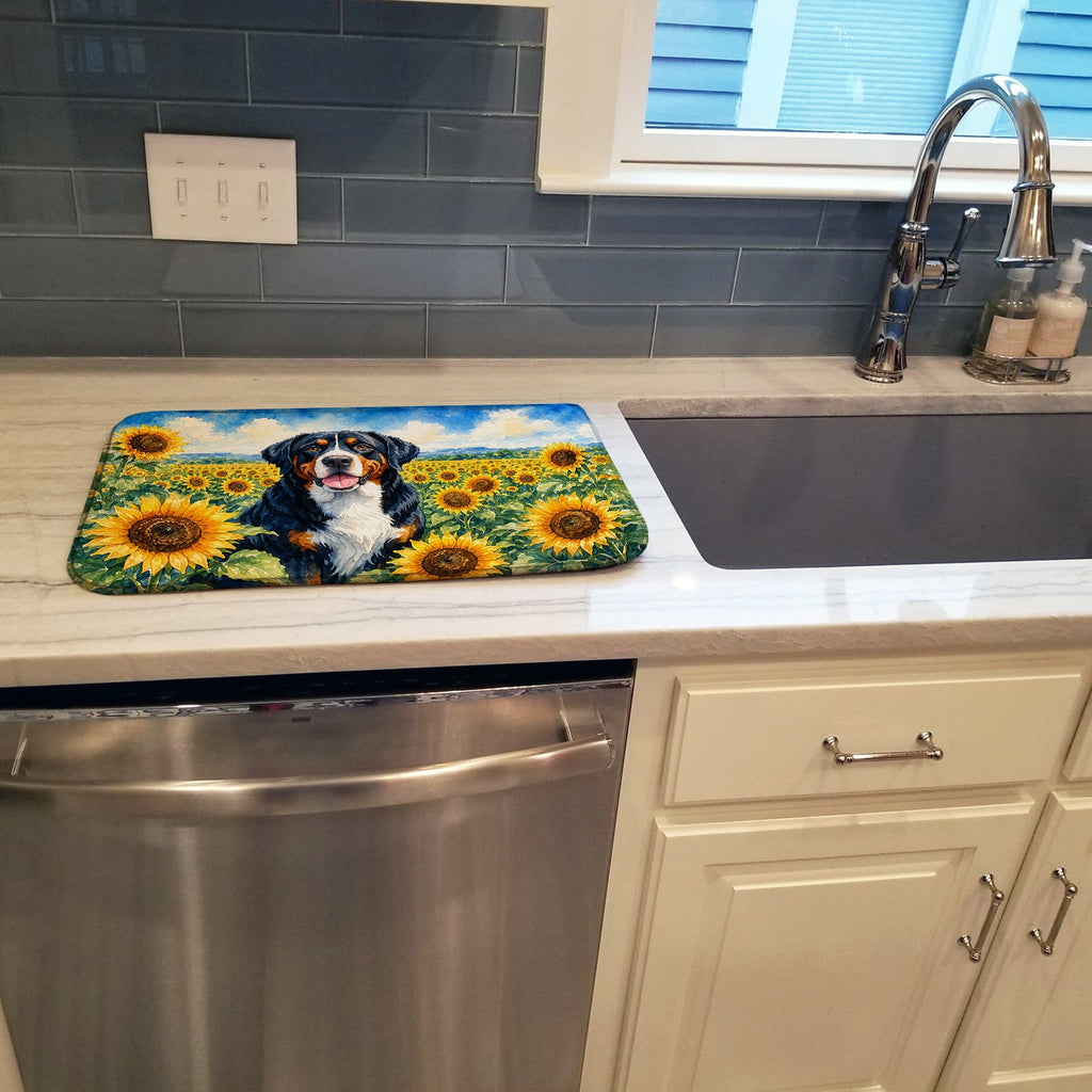 Greater Swiss Mountain Dog in Sunflowers Dish Drying Mat Absorbent Dish Drying Mat Pad for Kitchen Counter Dish Drainer Mat for Countertop, 14 x 21", Multicolor