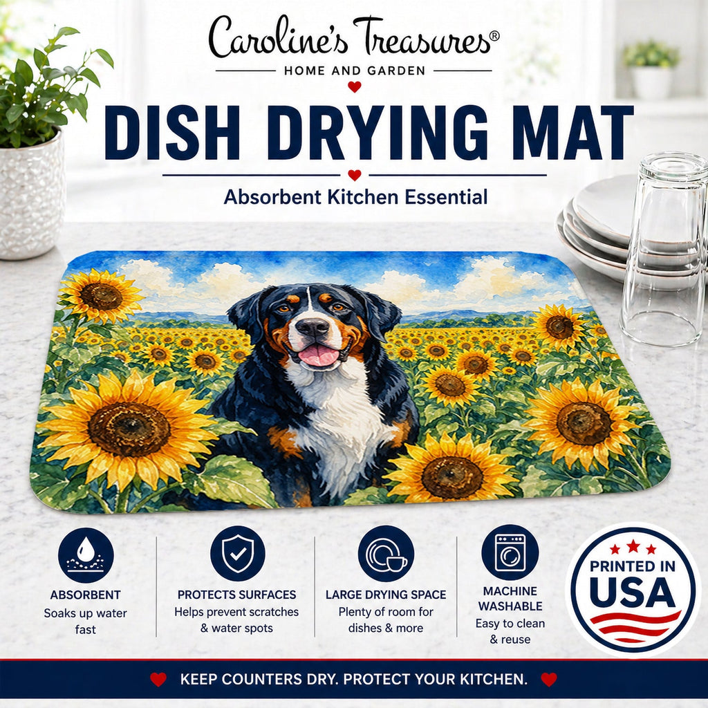 Greater Swiss Mountain Dog in Sunflowers Dish Drying Mat Absorbent Dish Drying Mat Pad for Kitchen Counter Dish Drainer Mat for Countertop, 14 x 21", Multicolor