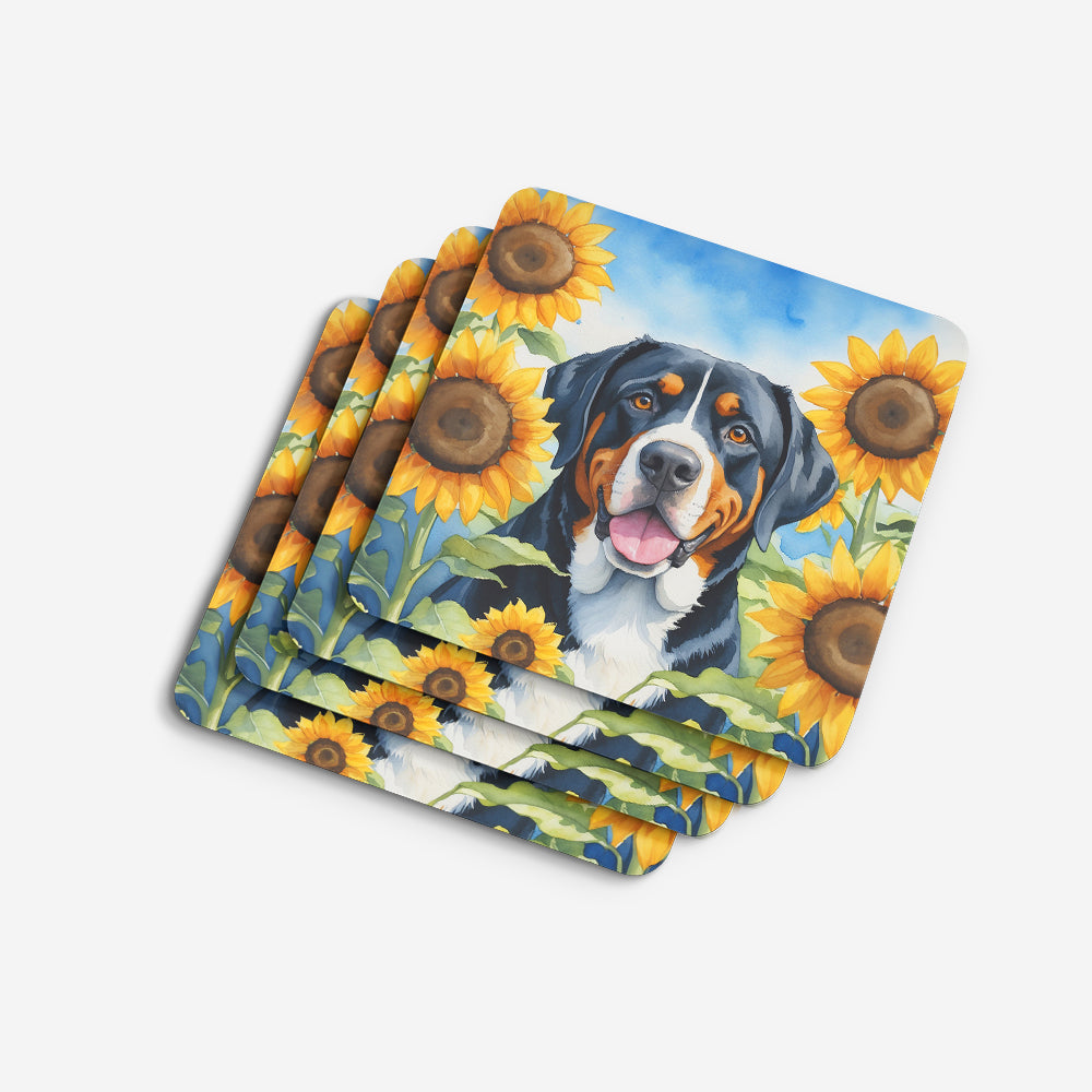 Greater Swiss Mountain Dog in Sunflowers Foam Coasters Set of 4 Cup Coasters for Indoor Outdoor, Tabletop Protection, Anti Slip, Mouse pad Material