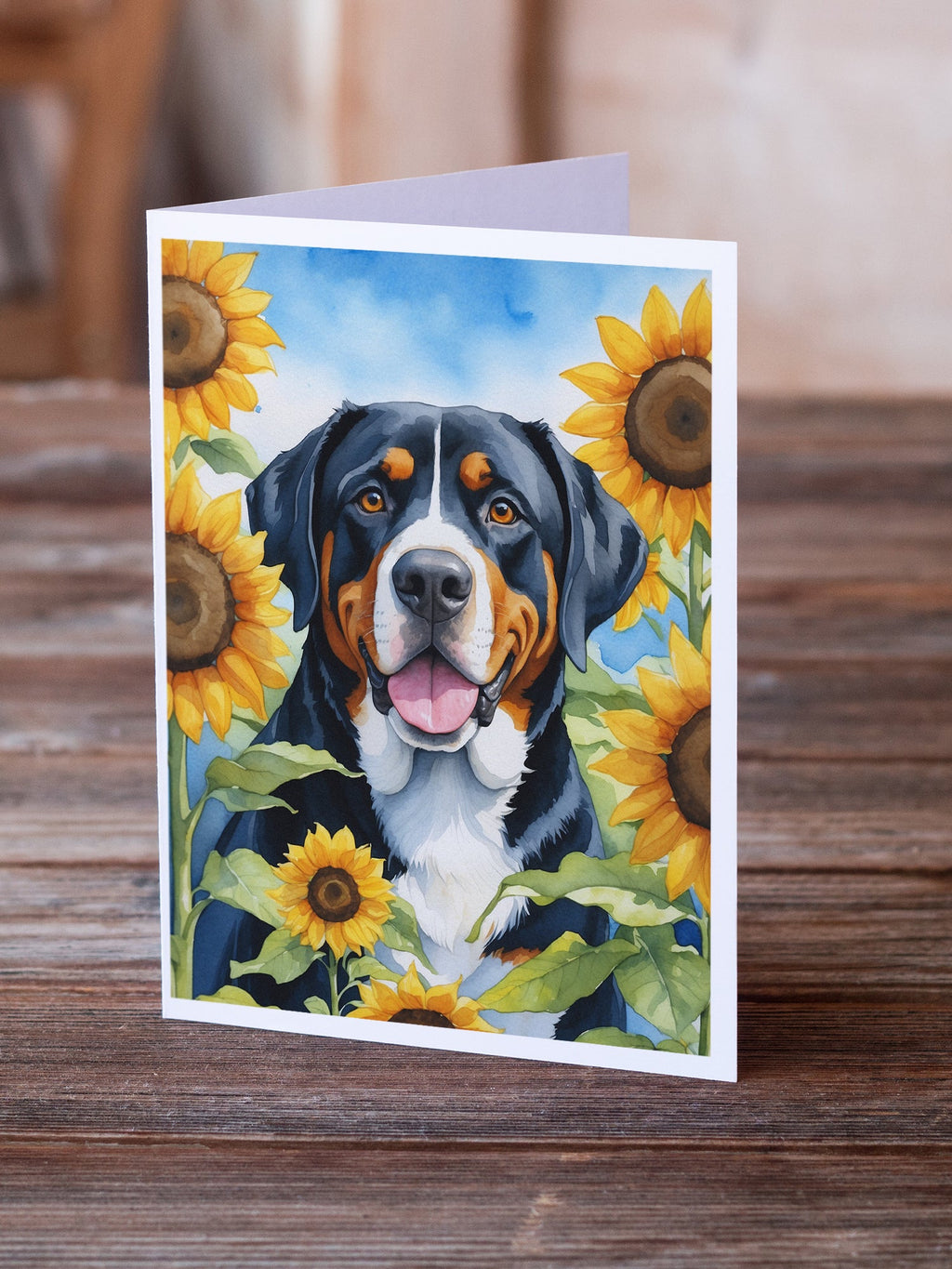 Greater Swiss Mountain Dog in Sunflowers Greeting Cards Pack of 8 Blank Cards with Envelopes Whimsical A7 Size 5x7