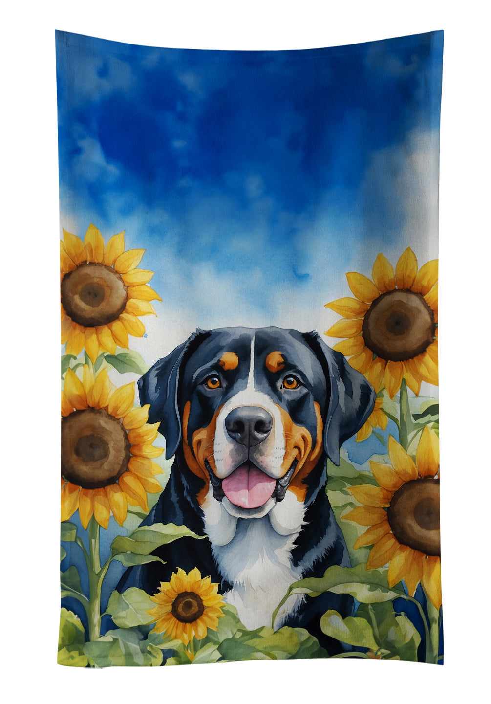 Greater Swiss Mountain Dog in Sunflowers Kitchen Towel Velour Plush Front and Cotton Loop Back Machine Washable