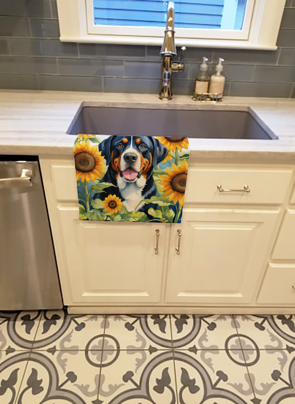 Greater Swiss Mountain Dog in Sunflowers Kitchen Towel Velour Plush Front and Cotton Loop Back Machine Washable