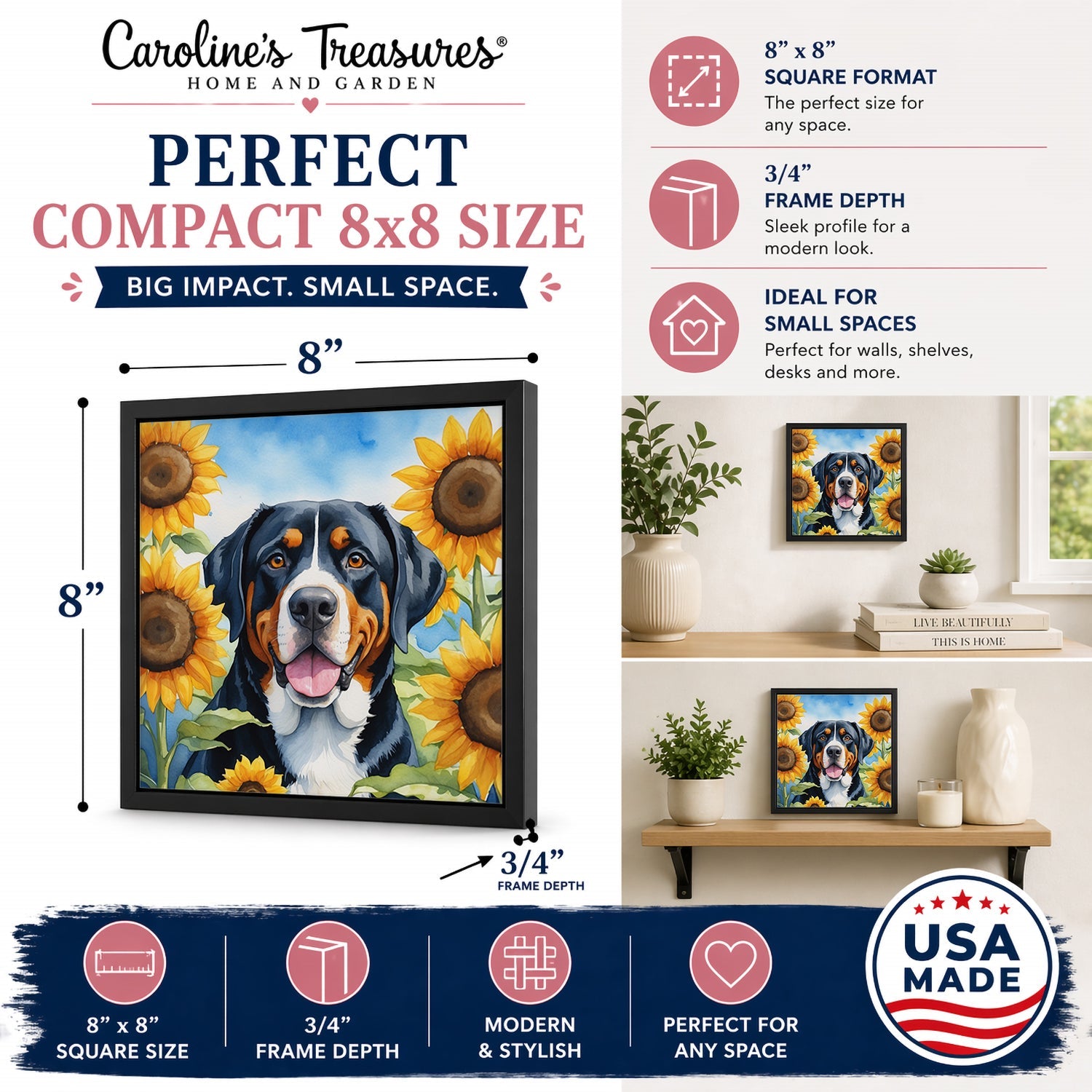 Greater Swiss Mountain Dog in Sunflowers Framed Metal Print Bathroom, Kitchen, Office, Home Decor Wall Art Ready to Hang, Square, 8X8