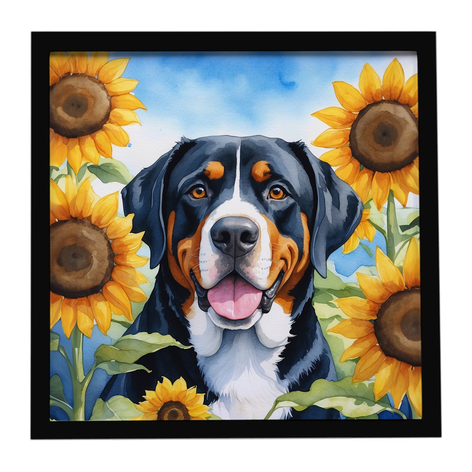 Greater Swiss Mountain Dog in Sunflowers Framed Metal Print Bathroom, Kitchen, Office, Home Decor Wall Art Ready to Hang, Square, 8X8