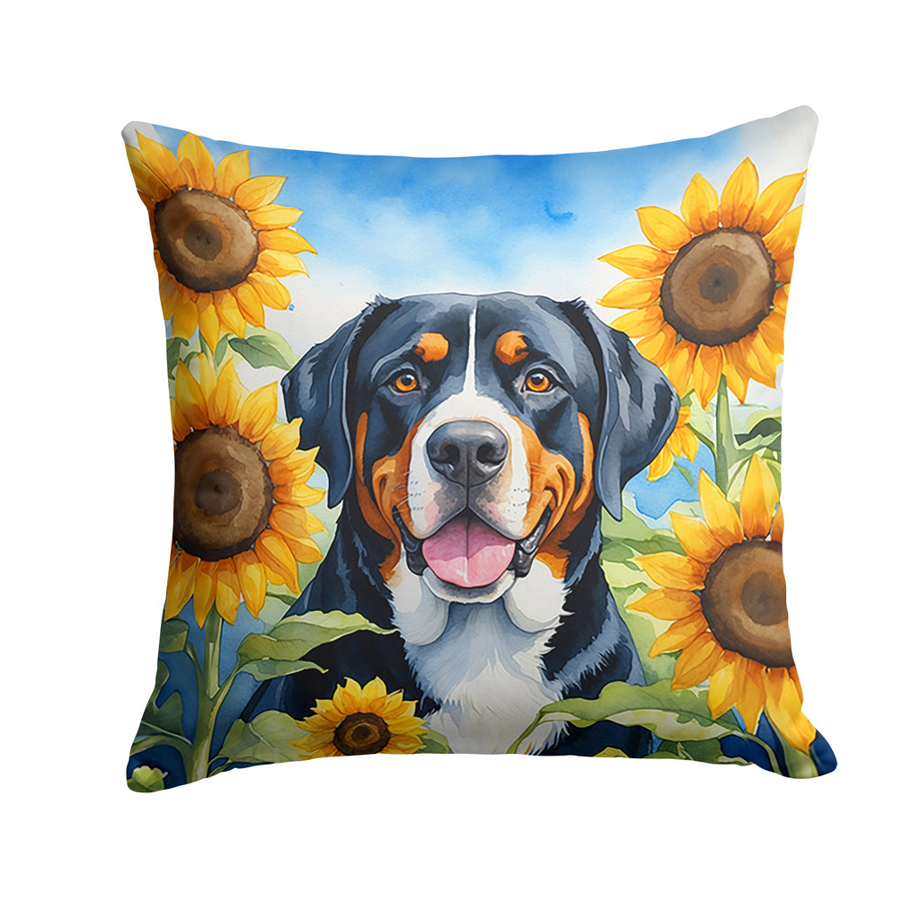 Greater Swiss Mountain Dog in Sunflowers Decorative Throw Pillow 18x18 Indoor Outdoor Accent Cushion, Fabric Cover with Insert for Sofa, Bed, Porch & Living Room