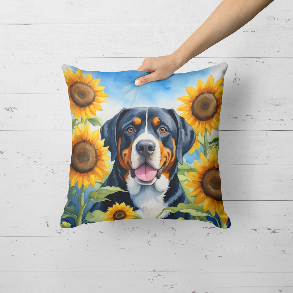 Greater Swiss Mountain Dog in Sunflowers Decorative Throw Pillow 18x18 Indoor Outdoor Accent Cushion, Fabric Cover with Insert for Sofa, Bed, Porch & Living Room