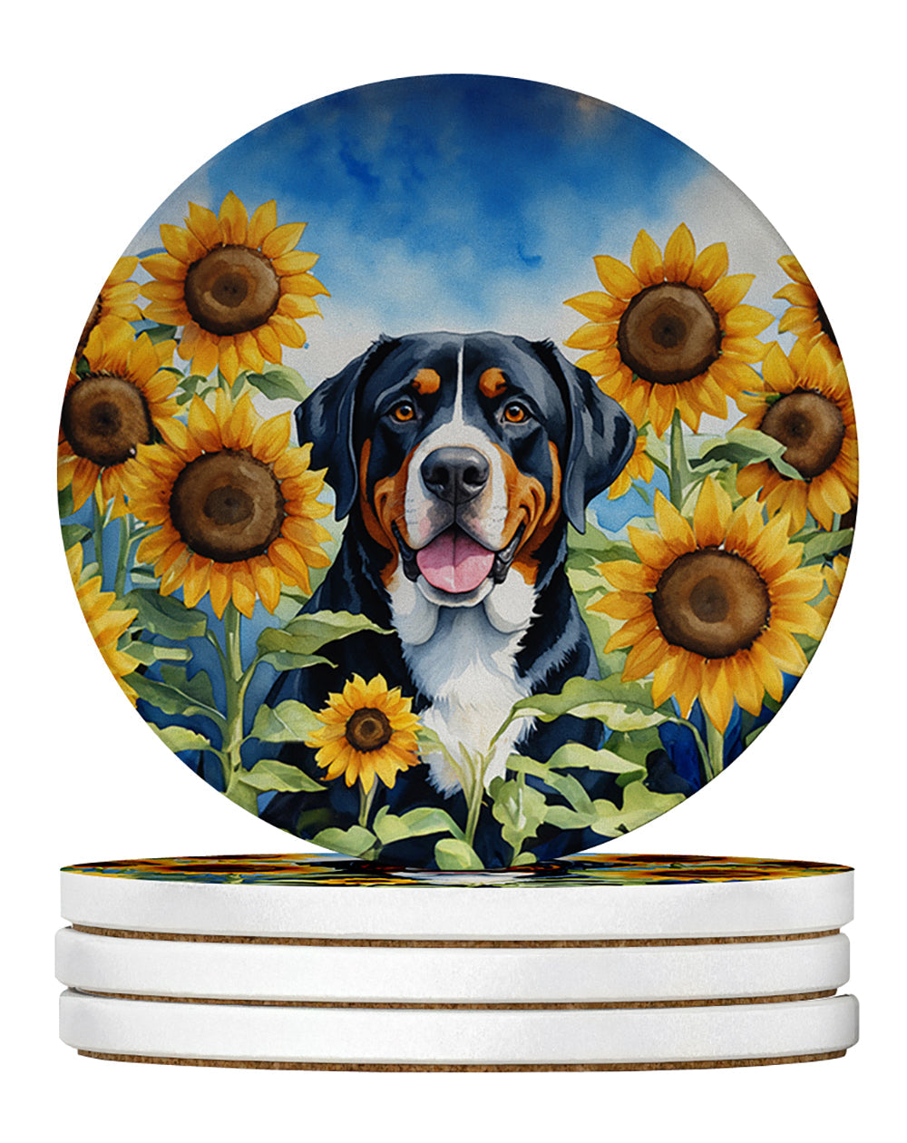Greater Swiss Mountain Dog in Sunflowers Large Sandstone Coasters Pack of 4 Absorbent Round Coasters Decor Gifts for Men or Women, 4 in, Multicolor