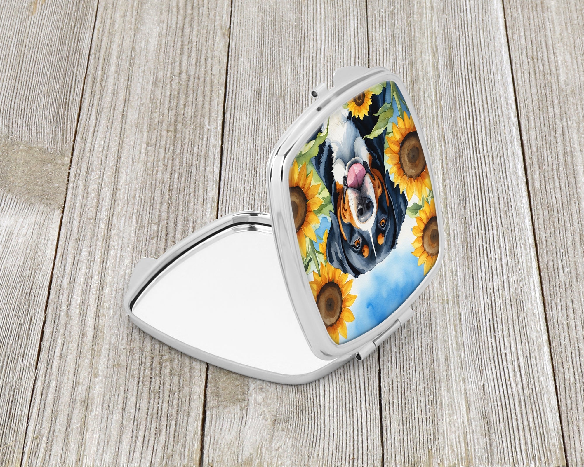 Greater Swiss Mountain Dog in Sunflowers Compact Mirror Decorative Travel Makeup Mirror for Women Girls Gifts Pocket Makeup Mirror Folding Handheld